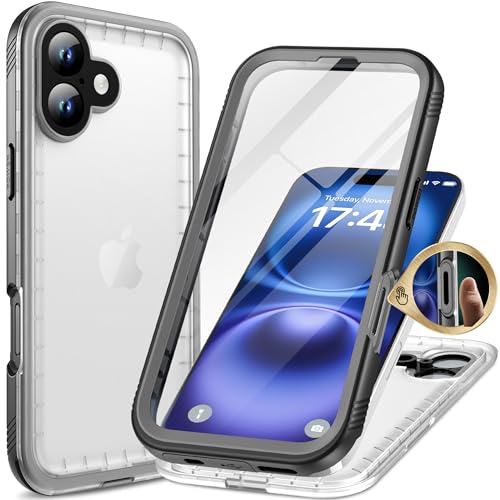 Cozycase TOP Military IP68 Waterproof Case for iPhone 16 Plus - Heavy Duty 360 Shockproof Full Body with Screen Camera Protector Double Water Dust Drop Proof Rugged Tough Cover Black/Frosted Clear
