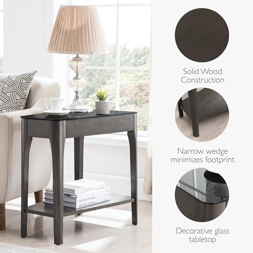 Image of Leick Home Obsidian End Table, Solid Wood, Narrow Wedge Shape, Glass Tabletop, Bottom Display Shelf, Easy Assemlby, Smoke Gray /Black, 24.0 in. L x 17.0 in. W x 24.0 in. H, 11102-GR