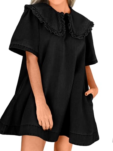 Wenrine Womens Summer Denim Mini Dress Oversized Peter Pan Collar Short Sleeve Casual Flowy Babydoll Jean Dresses