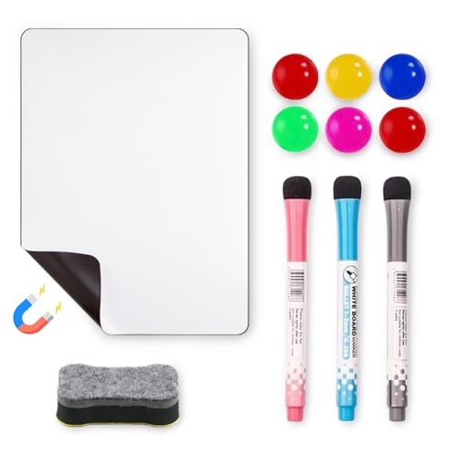 Pizarra Nevera Magnetica, Imanes Pizarra Magnetica, A4 Pizarra Blanca con 3 rotuladores, 1 goma de borrar, 6 imanes de nevera, Whiteboard para Memorandos, Notas, Menús, Planificar Estudios