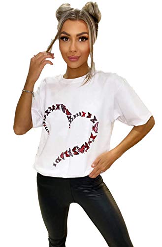 Image of Women Ladies Oversized Butterfly Love Heart Print Short Sleeve T-Shirt Top Cotton Tee for Casual Wear Butterfly White 20-22