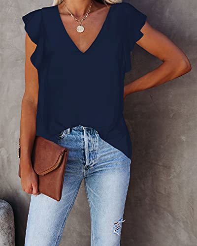 Alice Co Women's Chiffon V Neck Blouse Sleeveless Layered Shirt Casual Flowy Navy Blue Tank Tops L #TOP1