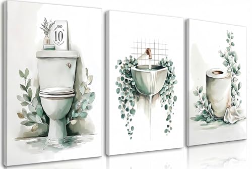 Image of Frimeeme 3 Piece Sage Green Botanical Bathroom Canvas Wall Art & Decor