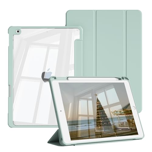 Coque iPad 9 10.2 Pouces pour Étudiant et Bureau Étui Protection Dos Transparent Vert Pastel