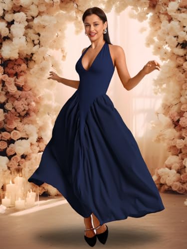 Image of ChiaoLezhee Deep V Neck Dress, Halter Maxi Dresses, Vacation Date Night, Sexy for Women Corset Flowy Wedding Guest Drop Waist