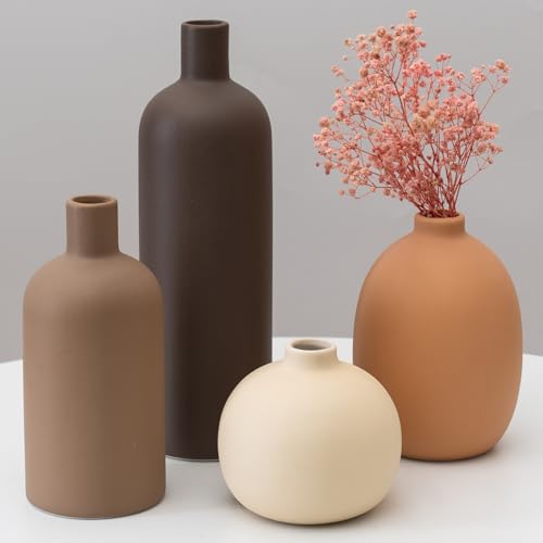 Ceramic Vase Set of 4, Modern Neutral Colors Home Decor, Rustic Farmhouse Decorative Flowers Vases for Bouquet, Pampas | Table Mantel Centerpiece Bookshelf Living Room Bedroom (Neutral Mix Set of 4)