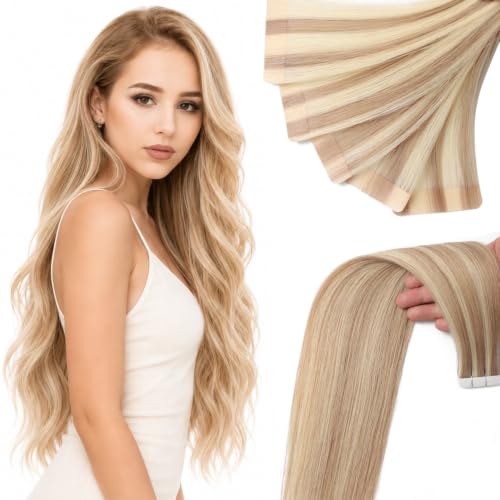 Image of Tape In Hair Extensions Human Hair Golden Brown and Bleach Blonde