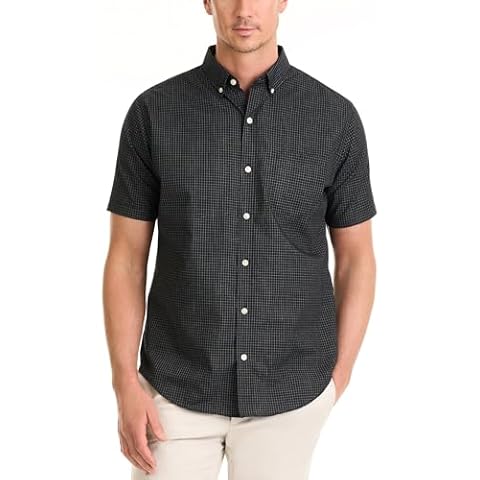 Van Heusen mens Wrinkle Free Short Sleeve Check Button Down Shirt, Black Minicheck, Large US Cover