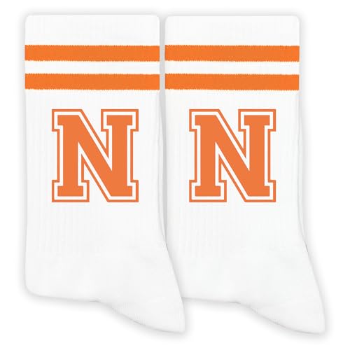 GRXXPIP Orange Initial Stripes Socks with Letter N Retro Athletic Style Socks Personalized Gifts for Birthday Christmas Back-to-school Season or Just Because Sporty Daily Wear.(013)