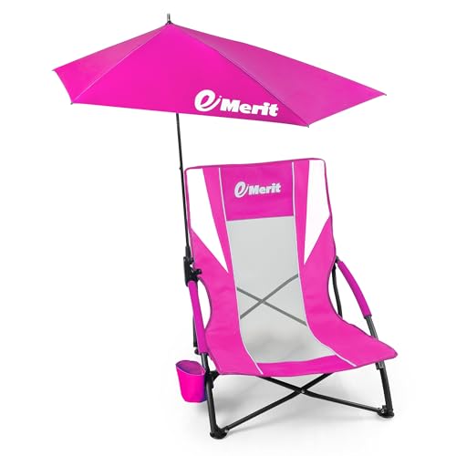 Image of EMERIT Low Beach Chairs for Adults with Removable UPF 50+ Umbrella, Lightweight Folding Backpack Camping Chair with Cup Holder, Portable Sand Chair for Beach, Picnic, Lawn