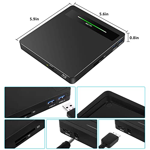 NOLYTH External Blu ray DVD Drive, USB 3.0 Type-C Blu-ray DVD Burner with SD/TF/2 USB Ports Slim 3D Portable Bluray DVD/BD Player Blue ray Reader Writer for Laptop Mac MacBook PC Windows 11 Desktop