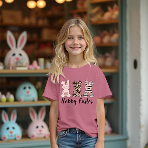 Image of MODNTOGA Girls Happy Easter Shirt Big Kids Easter Outfit Leopard Bunny Graphic T-Shirt Cute Rabbit Print Short Sleeve Tee Top (Pink, 8-9 Years)
