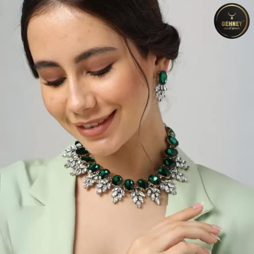 Gehney Women & Girls Crystal Rhinestone Necklace Earrings Set, Elegant V-Shape Design, Lightweight Kundan Jewelry for Weddings & Parties, Bridal jewellery set for wedding, jwell necklace set for women - Image 3