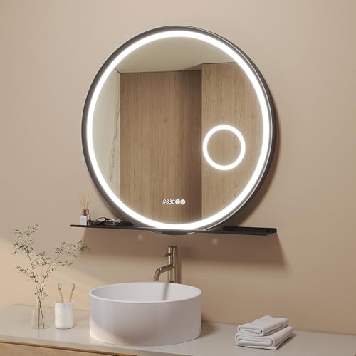 AQUABATOS Espejo de baño con iluminación y estante redondo de 80 cm, marco de aluminio, diseño inclinado negro, iluminación LED directa, reloj, espejo cosmético, calefacción del espejo, táctil