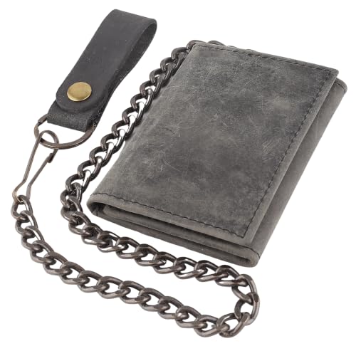 Image of F&L CLASSIC RFID Blocking Men's Tri-fold Vintage Biker Cowhide Leather Steel Chain Wallet,Snap closure,black charcoal, 315-900