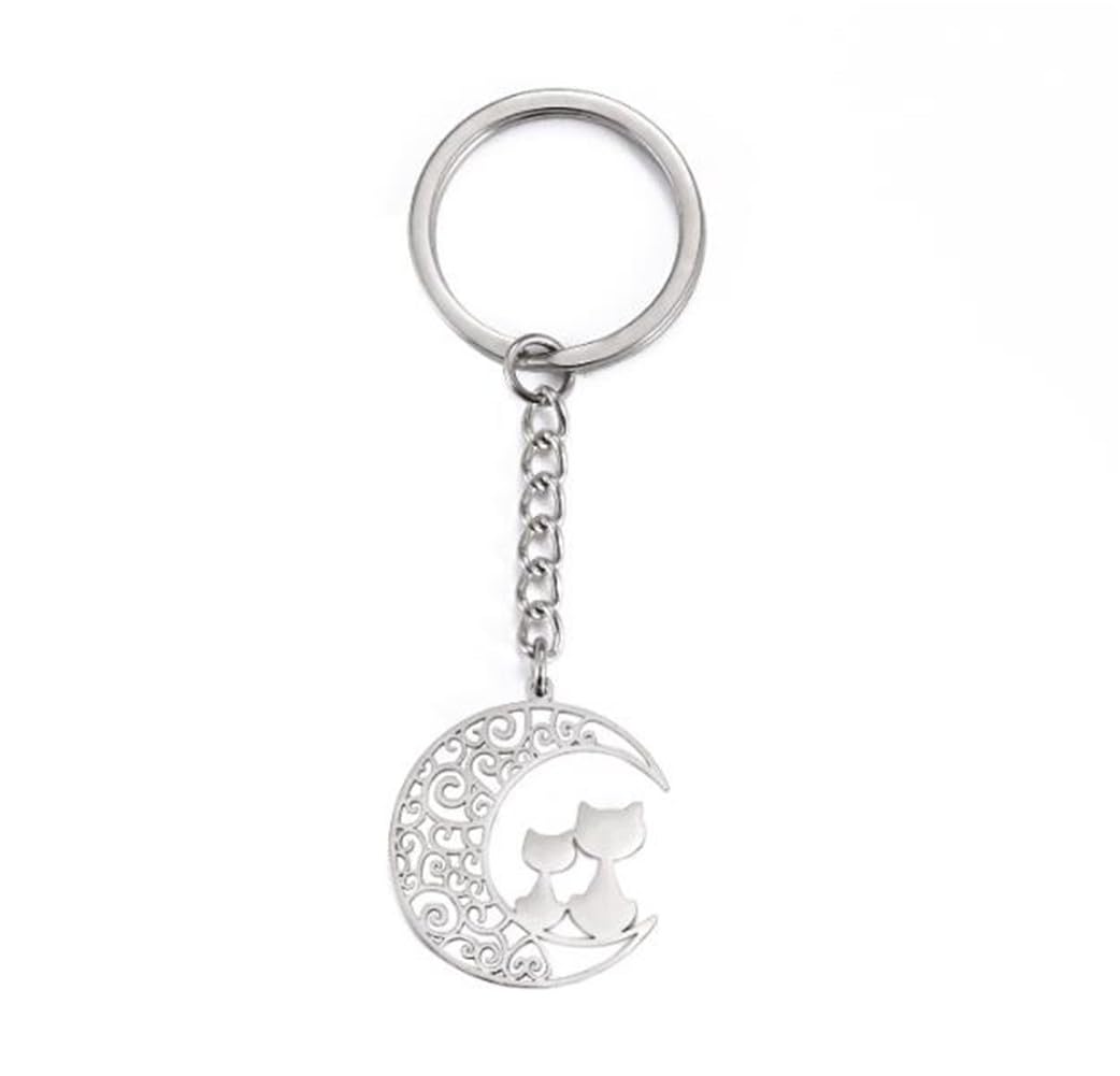 shilipu Cat on Moon Keychain Moon Cat Keychain Animal Keychain Gift Friends Jewelry Pendant Car Key Chain Cat Lover Keyring