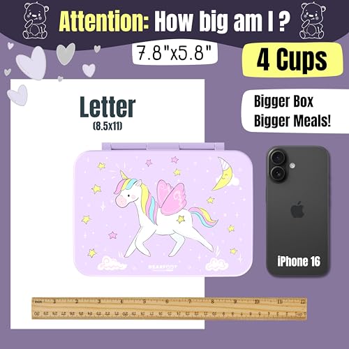 Image of BEARFOOT Kids Lunch Box with Compartments - Compact & Lightweight | Leak-Proof, BPA-Free, Dishwasher Safe | Hand-Drawn Design for Preschool, School, Travel (Unicorn Purple, 4 Cups)