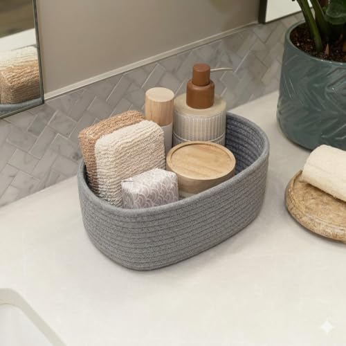 Image of 100% Natural Jute small box mini rope paper storage Round hamper baby nursery tray bucket for Living Kitchen, Drawing Room,fruits, kitchen, office, (grey 3 set)