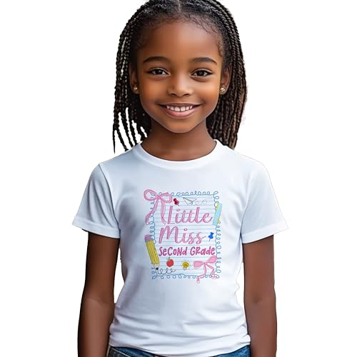 Little Miss Second Grade #2 Kids Shirts, YS-YXL, Girls, Pencil, Bows, Ruler, Great for The First Day of School Or Everyday