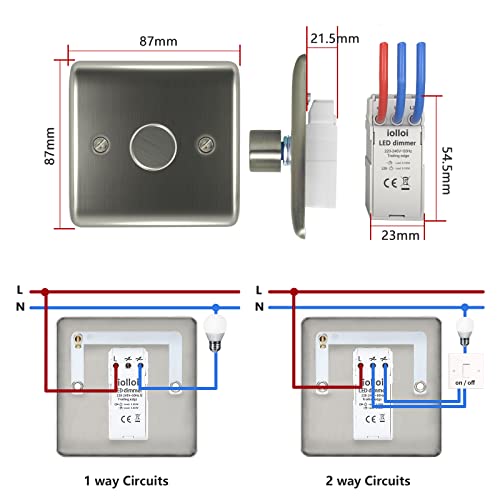 iolloi LED Dimmer Switch 1/2 Gang On/Off Rotary Dimmer Switch for Dimmable LED/Incandescent Bulbs/Halogen Lamps Brushed Steel 3-100W