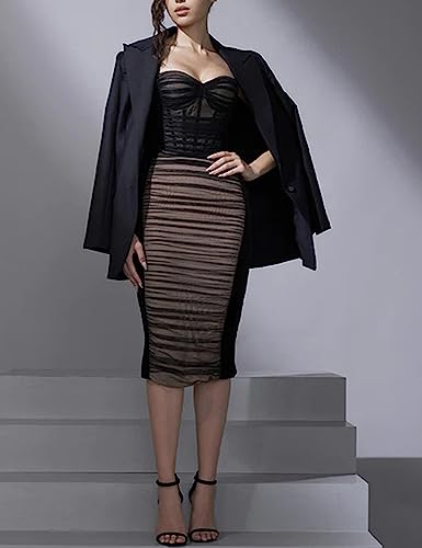 houstil Women's Strap Wedding Guest Dress Velvet Mesh Bodycon Cocktail Party Fishbone Mini Clubwear3