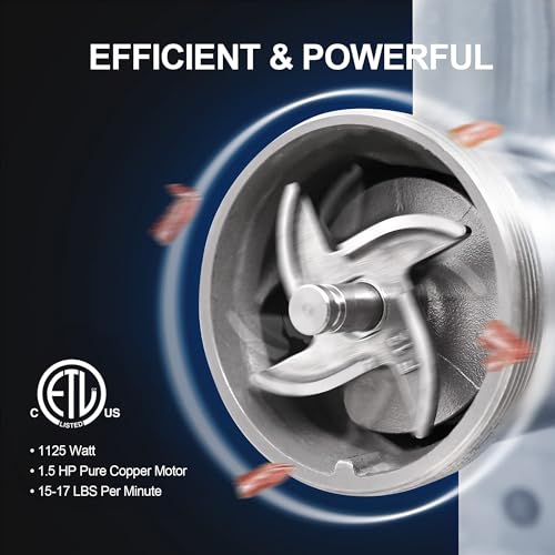 22 Inch Commercial Electric Meat Grinder 16 Lbs Per Min, Heavy Duty 1.5HP Stainless Steel Meat Grinder with Sausage Filler, Great for