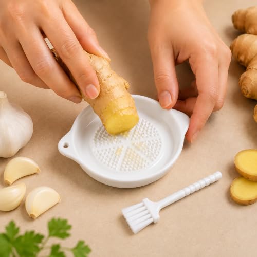 Image of Ceramic Garlic Grater Plate with Brush Manual Crusher Grinder Tool for Ginger, Garlic, Turmeric, Nutmeg, Fruits & Vegetables Durable, Easy to Clean, Non-Slip Kitchen Utensil (Small)