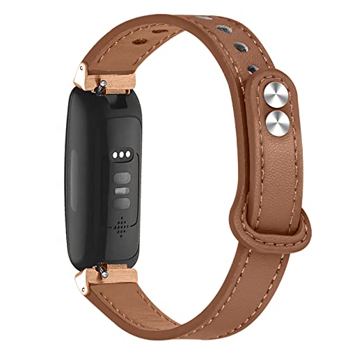 Gimuk Leather Strap Compatible with Fitbit Inspire 2 Strap Women Men, Genuine Leather Sport Wristband Replacement Strap bands Bracelet for Fitbit Inspire HR/Inspire/Ace 2/Ace 3 (Brown+Rose Gold)