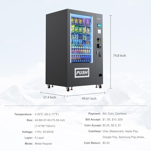 Image of Refrigerated Beverage Vending Machine for Business, Large 60 Slots Snack Drink Combo Commercial Vending Machine Durable Cashless Vending Machine with Card Reader and Bill Coin Acceptor