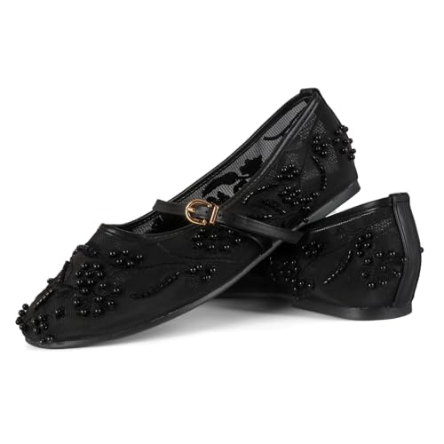 MAVMAX Pearl Ballet Flats with Strap for Women Black Floral Ballet Flats Mesh Shoes Women Flat Slip On Ballerina Shoes Round Toe Comfortable Daily Dress Shoe by MAVMAX - Used condition - Image 5