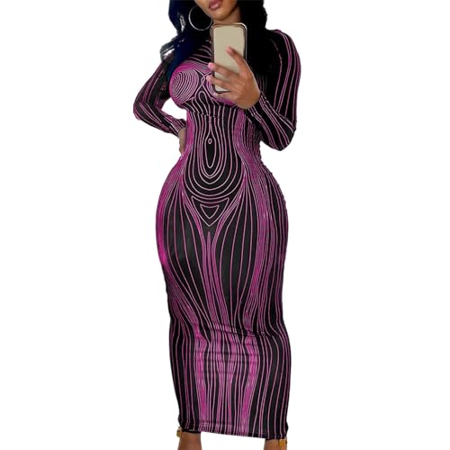 Generic Y2K 3D Body Print Maxi Dress Women Bodycon Wrap Basic Round Neck Long Sleeve Dress Sexy Unique Slim Purple M
