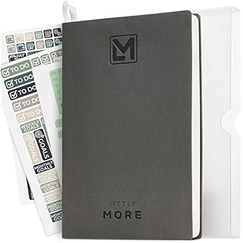 Little More Daily Organizer Planner in Protect Box - Undated Planner to Achieve Goals - A5 Vegan Leather 5.5”x8.5" - Calendar Stickers 2022-2023 - Grey Cover