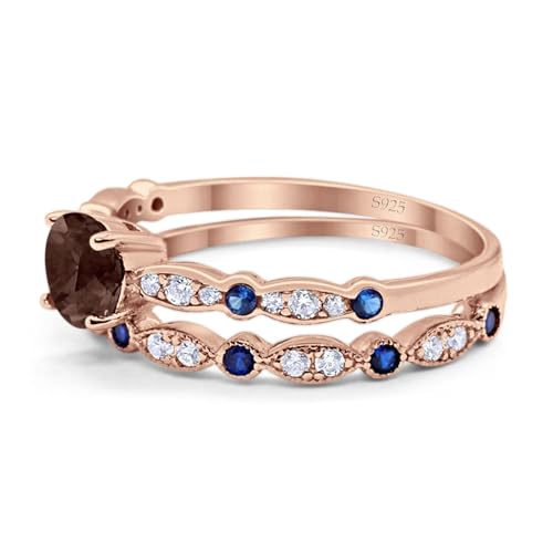 OMRANII Two Piece Round Natural Chocolate Smoky Quartz Ring Marquise Vintage Style Half Eternity Band Wedding Set Engagement Rings For Women 925 Sterling Silver Gift For Her3