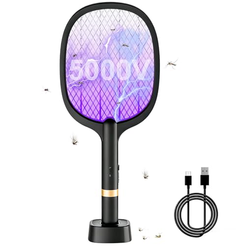 YOUBST Electric Elektrische Fliegenklatsche 5000V Extra Stark Fliegenklatsche Elektrisch 2 in 1 USB Typ-C Elektro Mückenklatsche mit Akku Aufladbar& UV Lichtfalle für Mücken Fliegen Wespe Motten