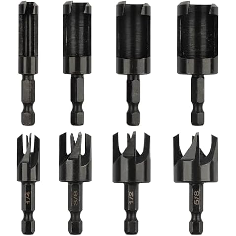 Rocaris 8 Pack Wood Plug Cutter Drill Bit Set, Straight and Tapered Taper Cutting Tool 1/4", 5/16", 3/8", 1/2", 1/4 Inch Hex Shank, Black Cover