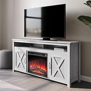 BELLEZE Modern 58 Inch Barn Door Wood Electric Fireplace TV Stand & Media Entertainment Center Console Table for TVs up to 65 Inches with Two Open Shelves and Cabinets - Corin (Stone Grey)