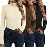 Neer 3 Pack Cotton Women's Turtleneck Long Sleeve Tops Thermal Underwear Base Layer Fall Winter Shirts Sweater(Black, Brown, Cream,XL)