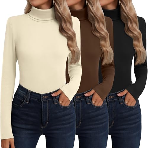 Neer 3 Pack Cotton Women's Turtleneck Long Sleeve Tops Thermal