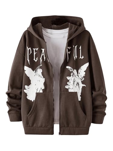 SOLY HUX Mens Graphic Zip Up Hoodies Streetwear Jacket Letter Print Long Sleeve Sweatshirt with Pocket Coffee Brown Letter Small