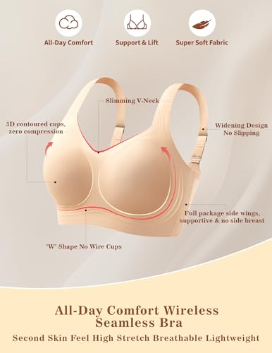 Women's Wireless Push Up Bra for Older Women, Full Coverage Seamless Supportive Back Smoothing T-Shirt Bra, Plus4