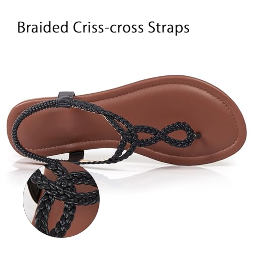 Image of iCKER Womens Braided T‑Strap Flat Sandals Elastic Stretch Ankle Strap | Boho cute casual lightweight and comfort matches dresses for beach vacation