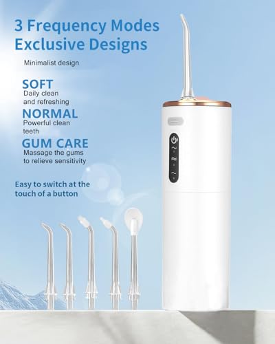 Elektrische Wasserseide, tragbarer Zahnreiniger, kabelloser Wasserflosser für die Zahnreinigung, 280 ml Wassertank, Zahnseide mit 5 Düsen, 3 Modi, geeignet für Zuhause und Reisen, Weiß – Bild 3