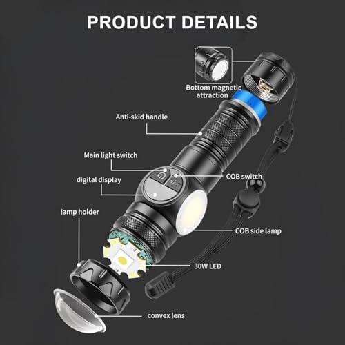 Cuteefun Powerful Torches LED Super Bright Rechargeable, 2800 Lumens Torch with LCD Digital Display, Magnetic Flashlight with COB Side Light, 9 Light Modes Zoomable for Power Cut, Camping, Emergency - Image 3