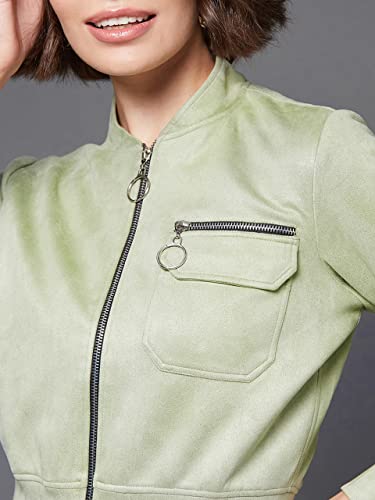 Image of Miss Chase Women's Off White V-Neck Full Sleeves Bomber Cropped Jacket