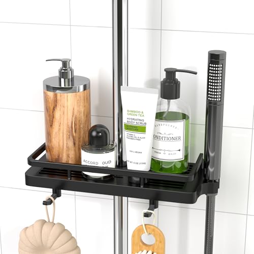 DIYGEEK Duschablage für Duschstange Schwarz, Duschregal ohne Bohren, Badezimmer Dusche Rack Verstellbar Höhe, Für Duschstange mit Durchmesser von 18mm - 25mm, 1 Stück