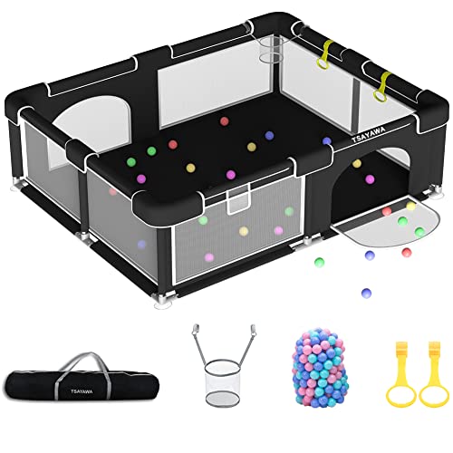 Image of 70X50 inch Extra Large Baby Playpen for Babies Toddlers -Portable Baby Playard with 2 Door for Indoor - Black Baby Play Yard Fence with 50 Ocean Balls 2 Pull Rings A Storage Bag - Christmas Gifts