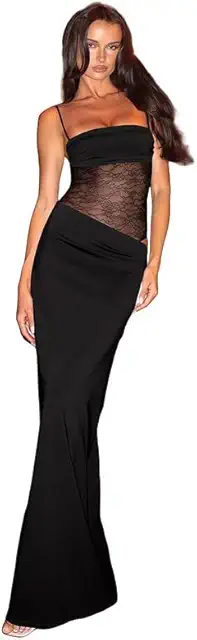 Women's Elegant Lace Maxi Dress with Spaghetti Straps - Jurk Kraag