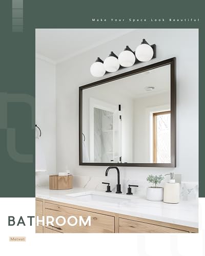 Image of Bathroom Light Fixtures, 4 Light Matte Black Vanity Light, 26 Inch Modern Wall Sconces with Globe Milk White Glass Shade, Vanity Lighting Fixtures Over Mirror, VL195-MB-ML-4