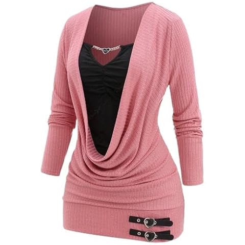 ROSE GAL Rosegal Womens Plus Size Cowl Neck Chain Panel Draped Ruched Buckles Textured Ribbed 2 In 1 Long Sleeve Blouson Top(Pink_2/4X) Cover
