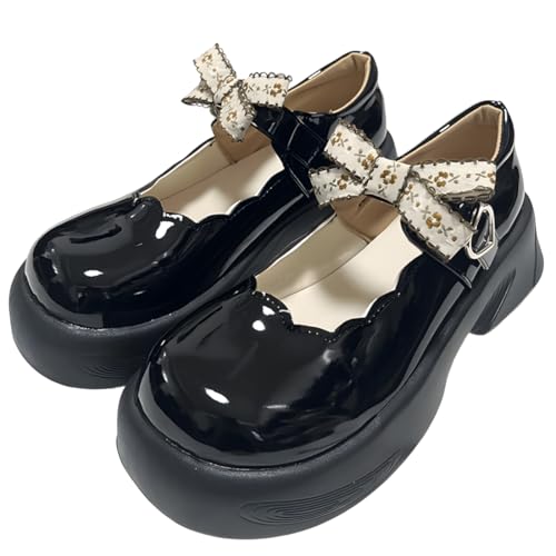 Kawaii Lolita Gothic Y2K Round Toe Platform Heels Floral Bows Trim Heart Buckle Black Mary Jane Platform Shoes